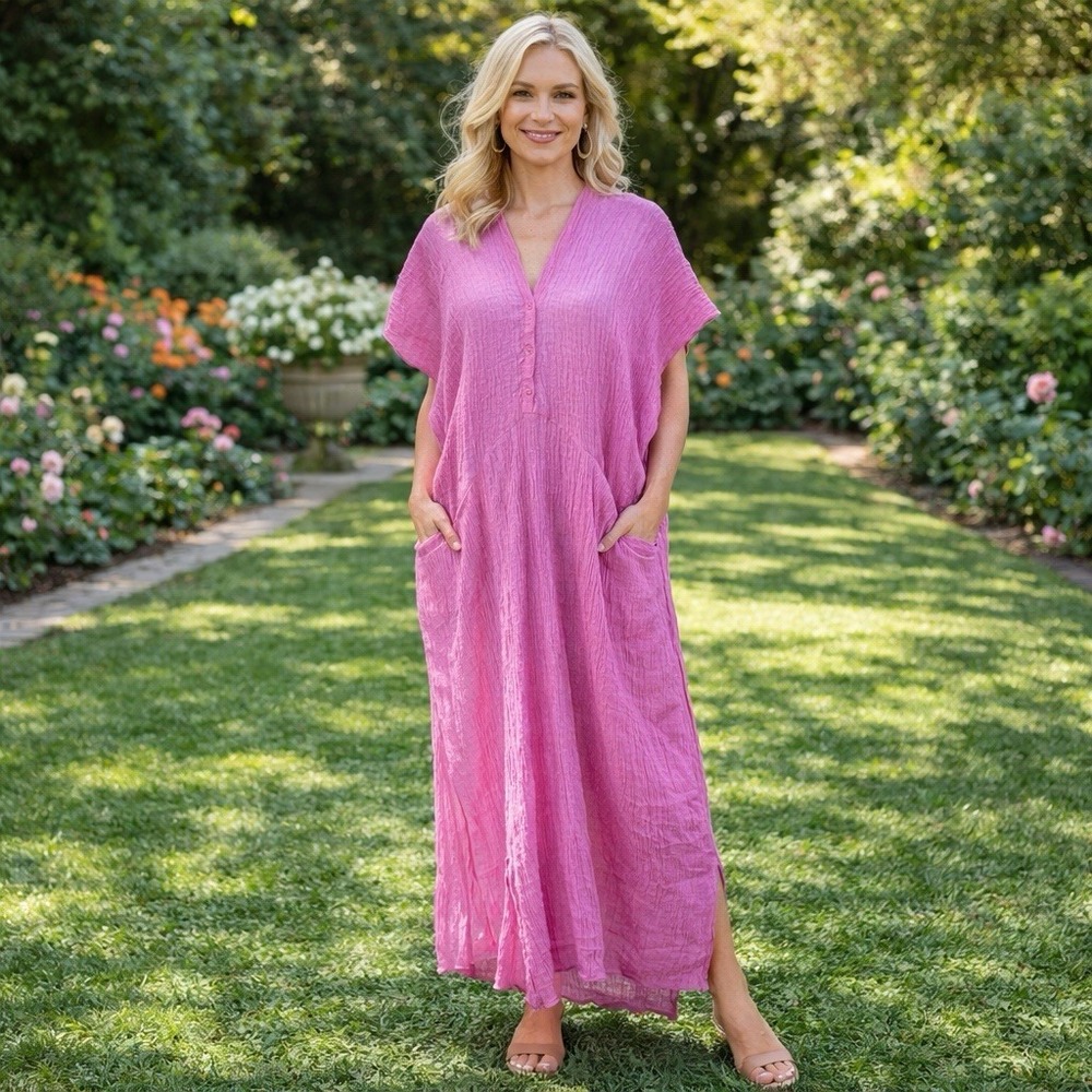 Zara‎ 100% Linen Pink Gauze Crinkle Sheer Maxi Dress Resort Vacation Event M